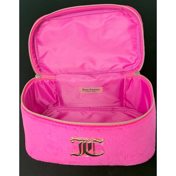 Juicy Couture Makeup Case Cosmetic Travel XL Hot Pink Gold Handle Velour NEW - Picture 4 of 5